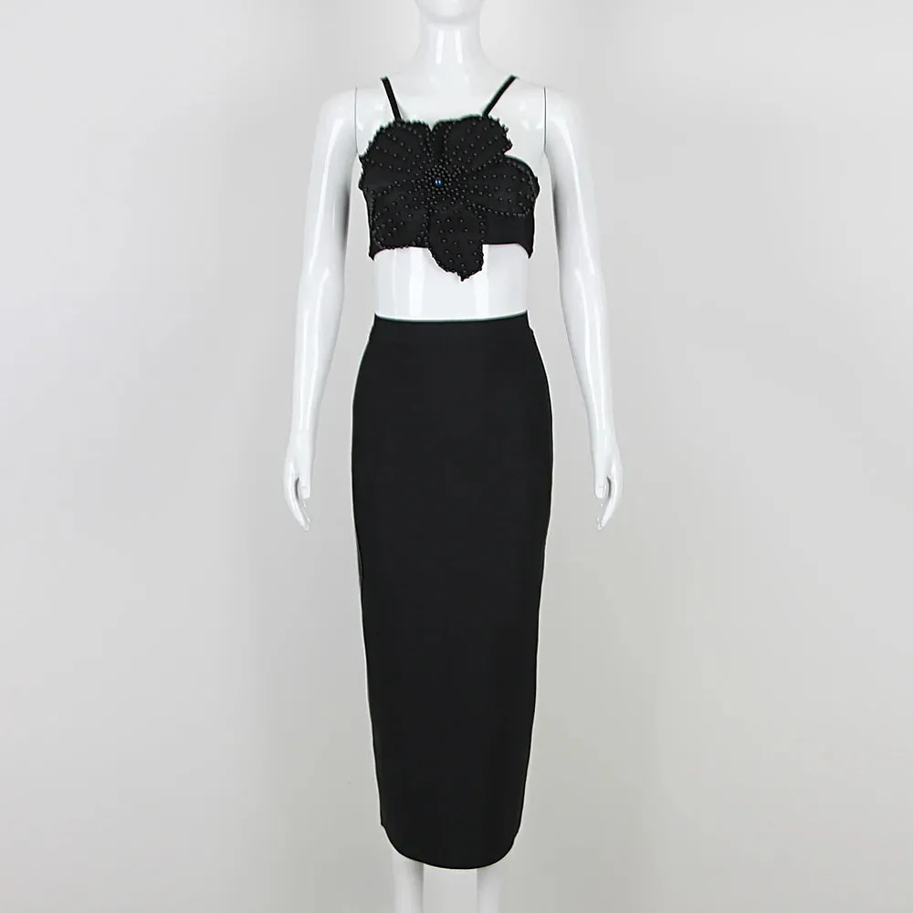 Trend4us Women's Chic Beaded Pearl Crop Top Skirt Set