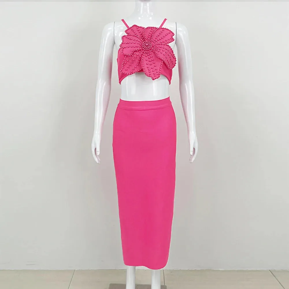 Trend4us Women's Chic Beaded Pearl Crop Top Skirt Set