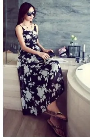 Trendy All-Matching Slim Look Black White Cami Dress Slip Chiffon Dress