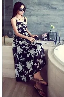 Trendy All-Matching Slim Look Black White Cami Dress Slip Chiffon Dress
