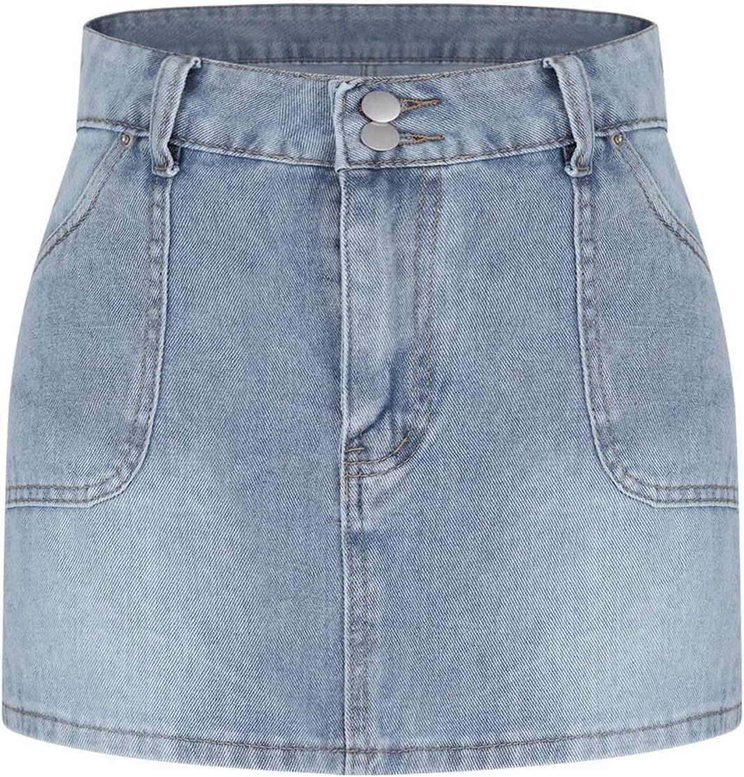 Trendy Y2K Denim Skirt for Women High Waisted Button Front Slit Mini Jeans Skirt with Pockets Fashion 2025 Summer
