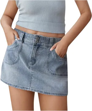 Trendy Y2K Denim Skirt for Women High Waisted Button Front Slit Mini Jeans Skirt with Pockets Fashion 2025 Summer