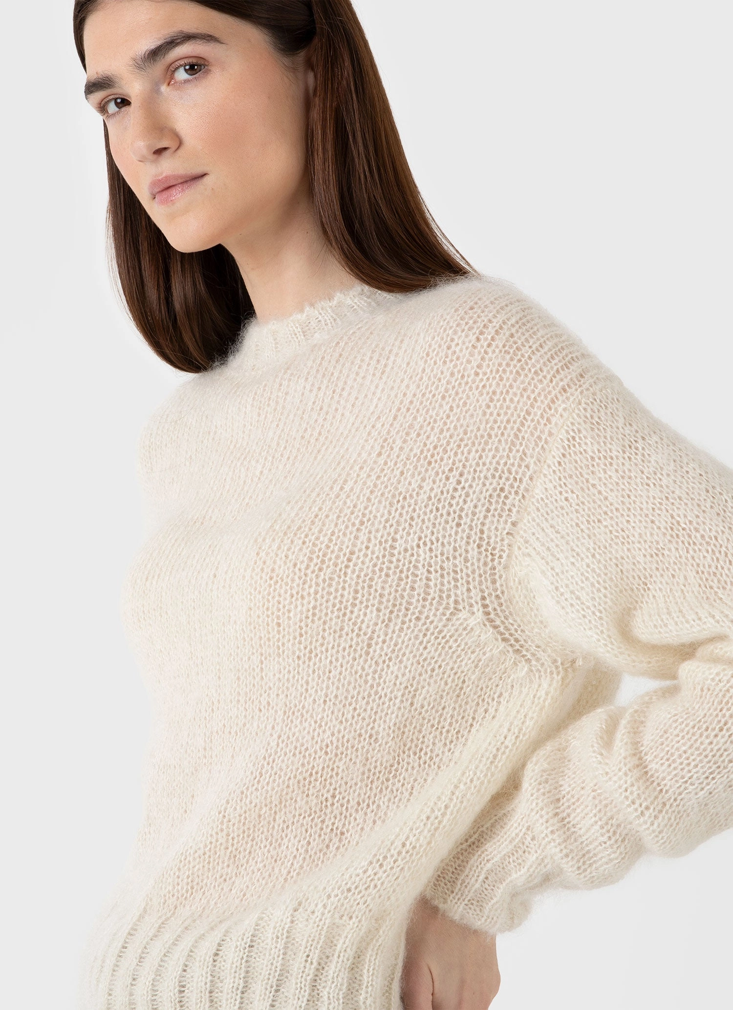 Women's Mohair Silk Jumper in Ecru Reinforced Stress Points High Elasticity Fiber