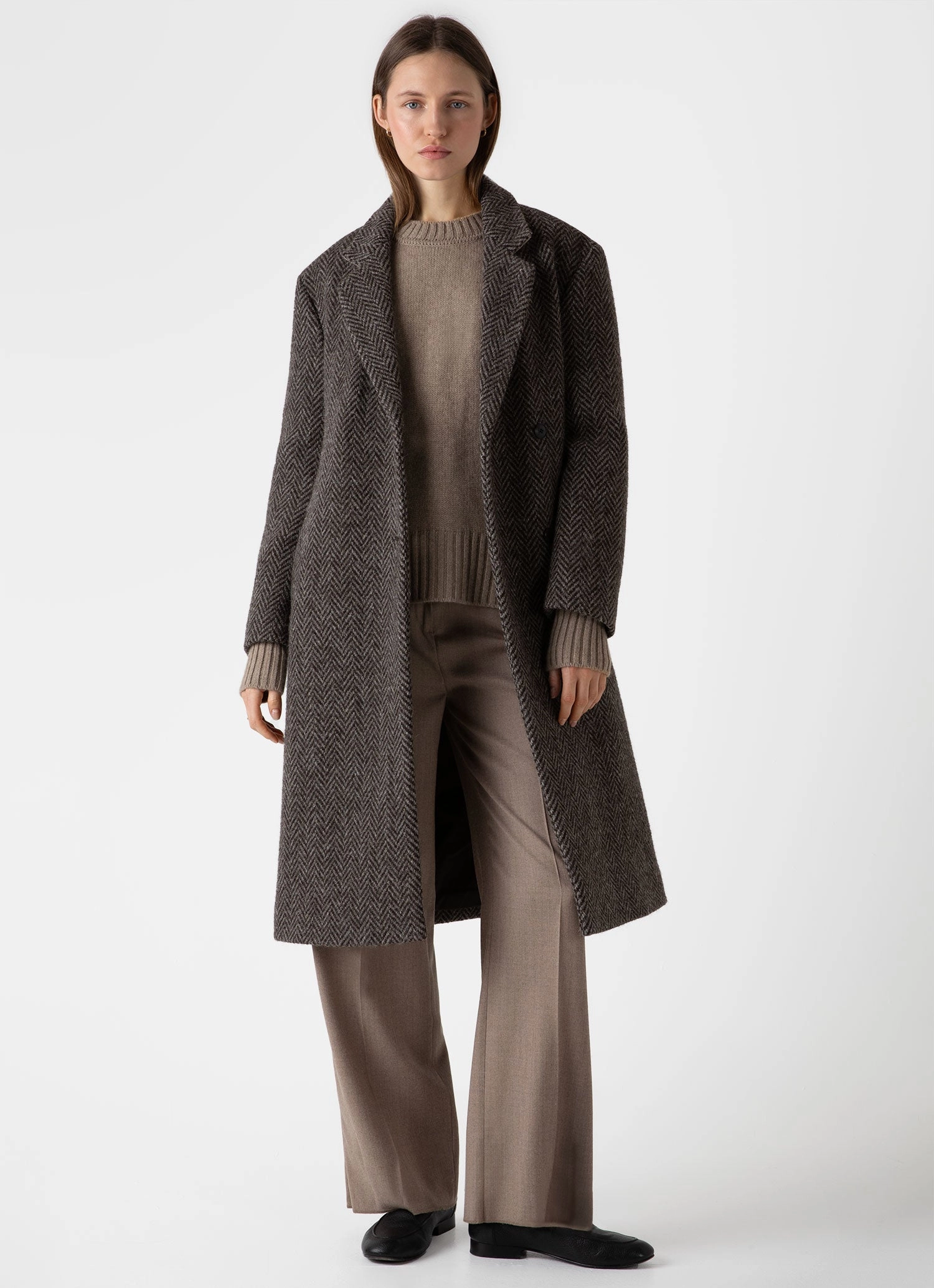 Women's British Wool Coat in Brown Herringbone Quiet Fabric Easy Movement