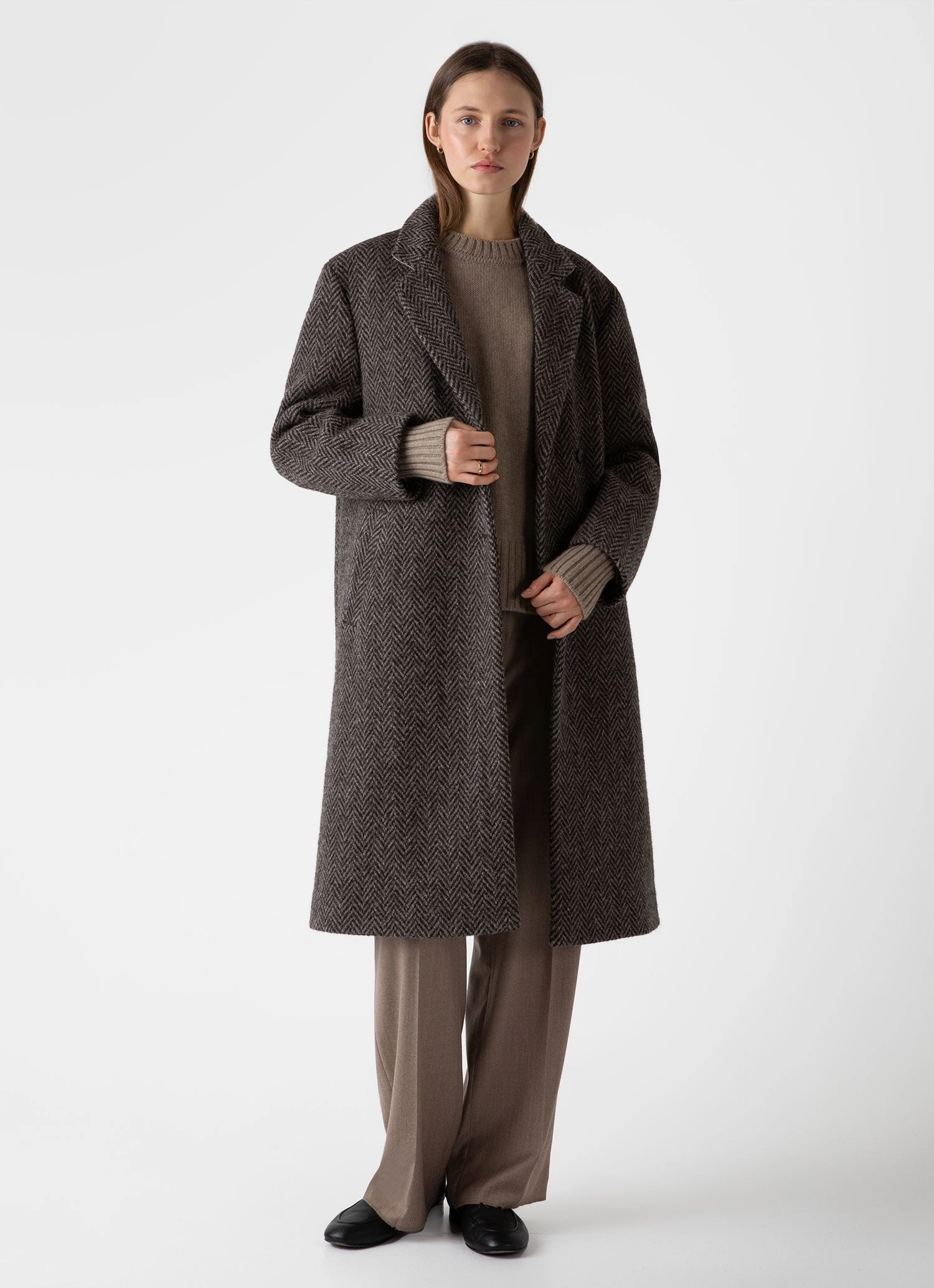 Women's British Wool Coat in Brown Herringbone suitable for formal meetings festival