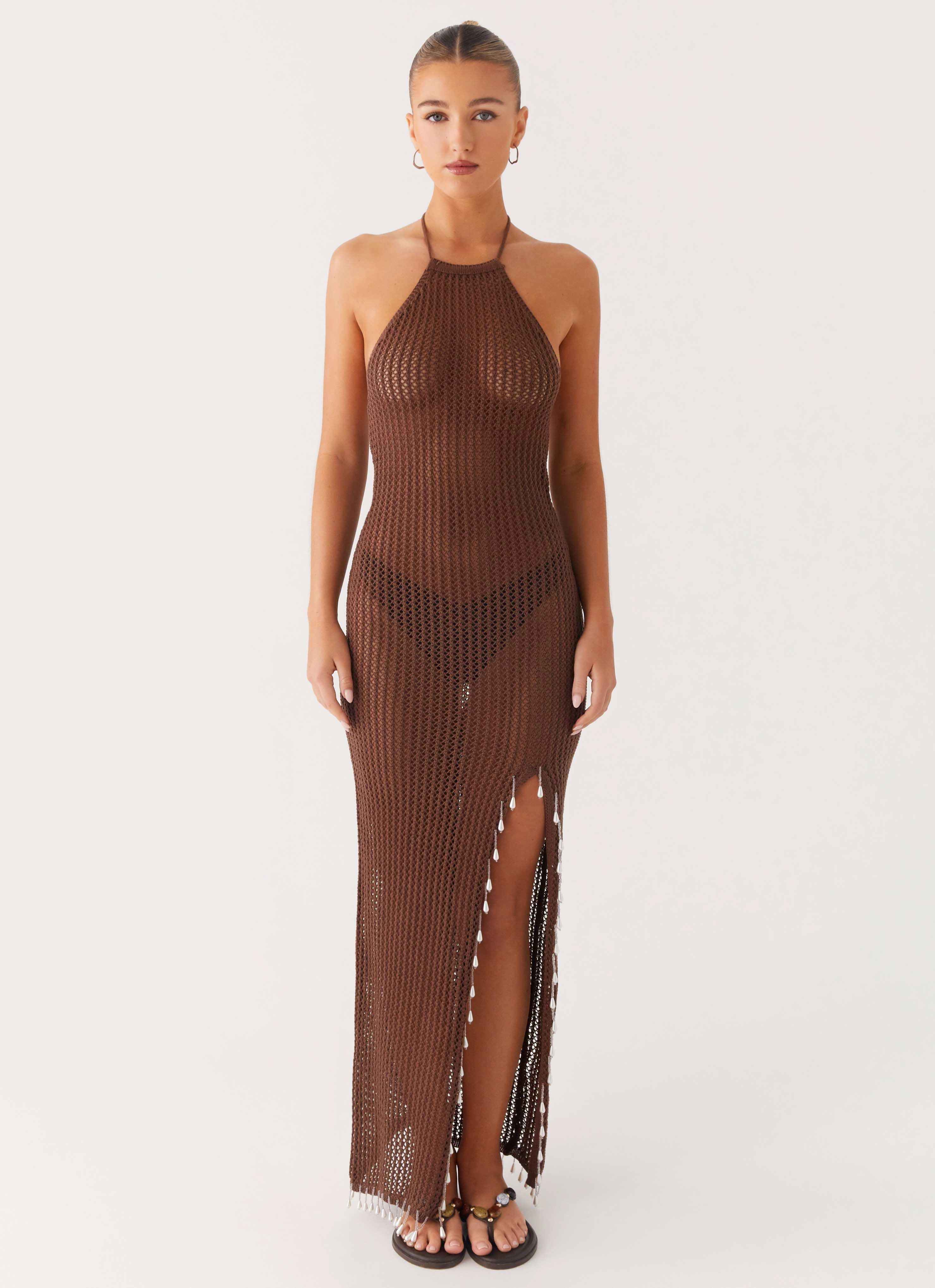 Fennella Beaded Maxi Dress - Chocolate Refined Feel Bell-Sleeve