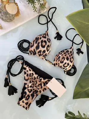 Triangle Leopard Print Thong Bikini Sets