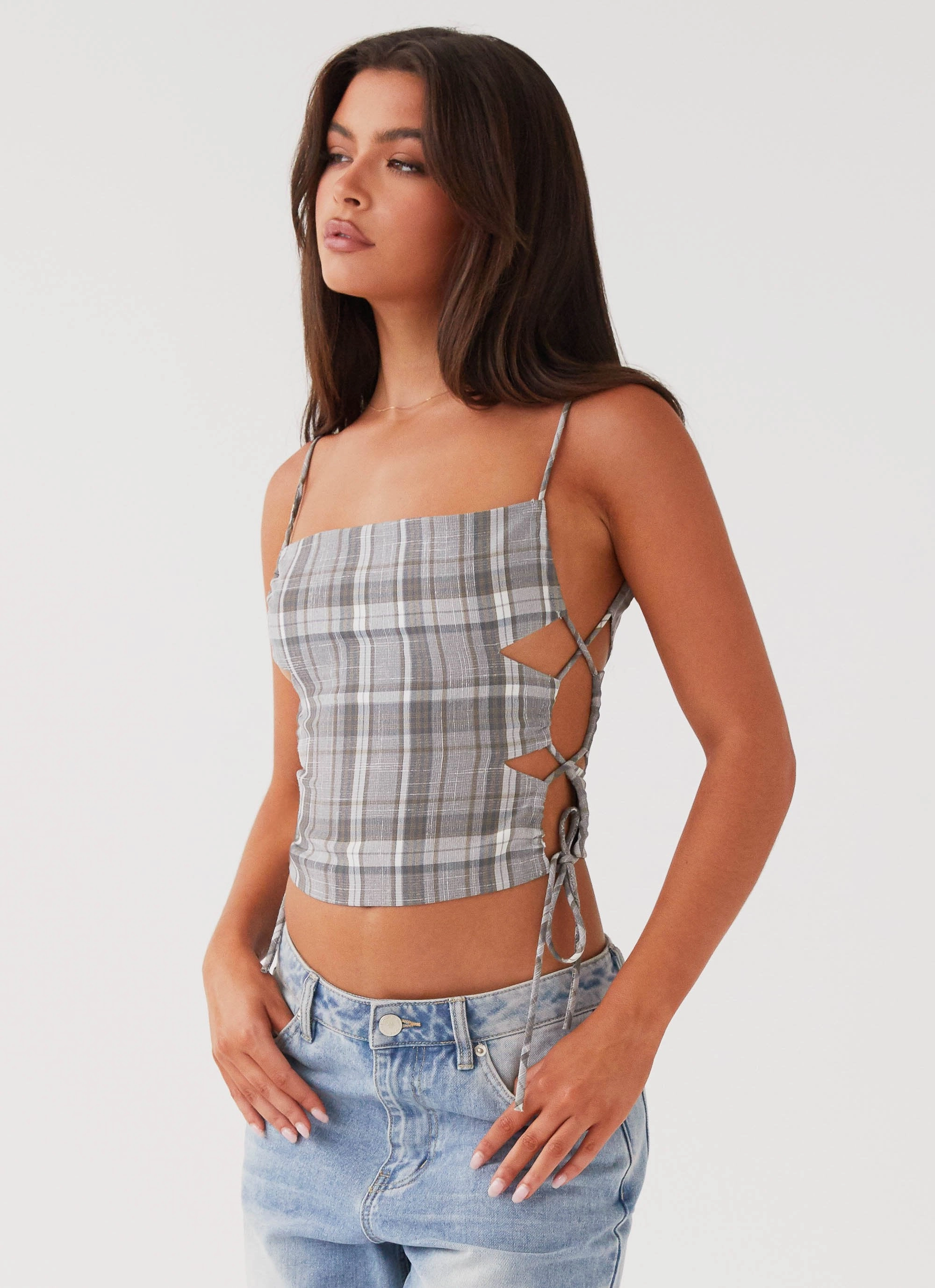 Double Stitched Seams Trista Tie Top - Grey Tartan