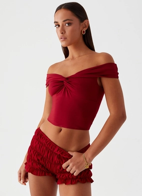 Trixie Twist Off Shoulder Top - Maroon Recycled Polyester Blend Trixie Twist Off Shoulder Top - Maroon Comfortable Design Hybrid Fabric Blend