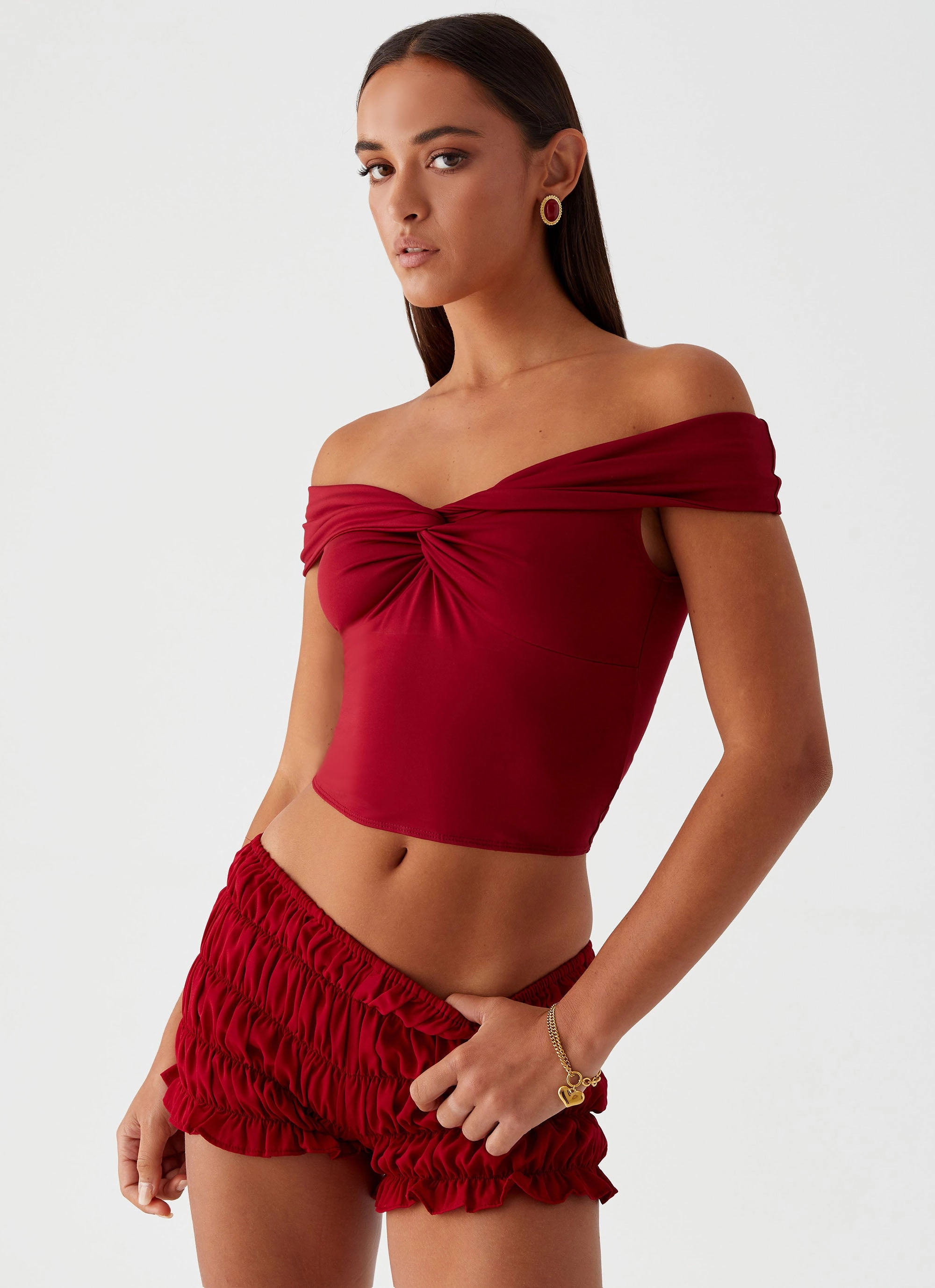 Trixie Twist Off Shoulder Top - Maroon Comfortable Design Hybrid Fabric Blend