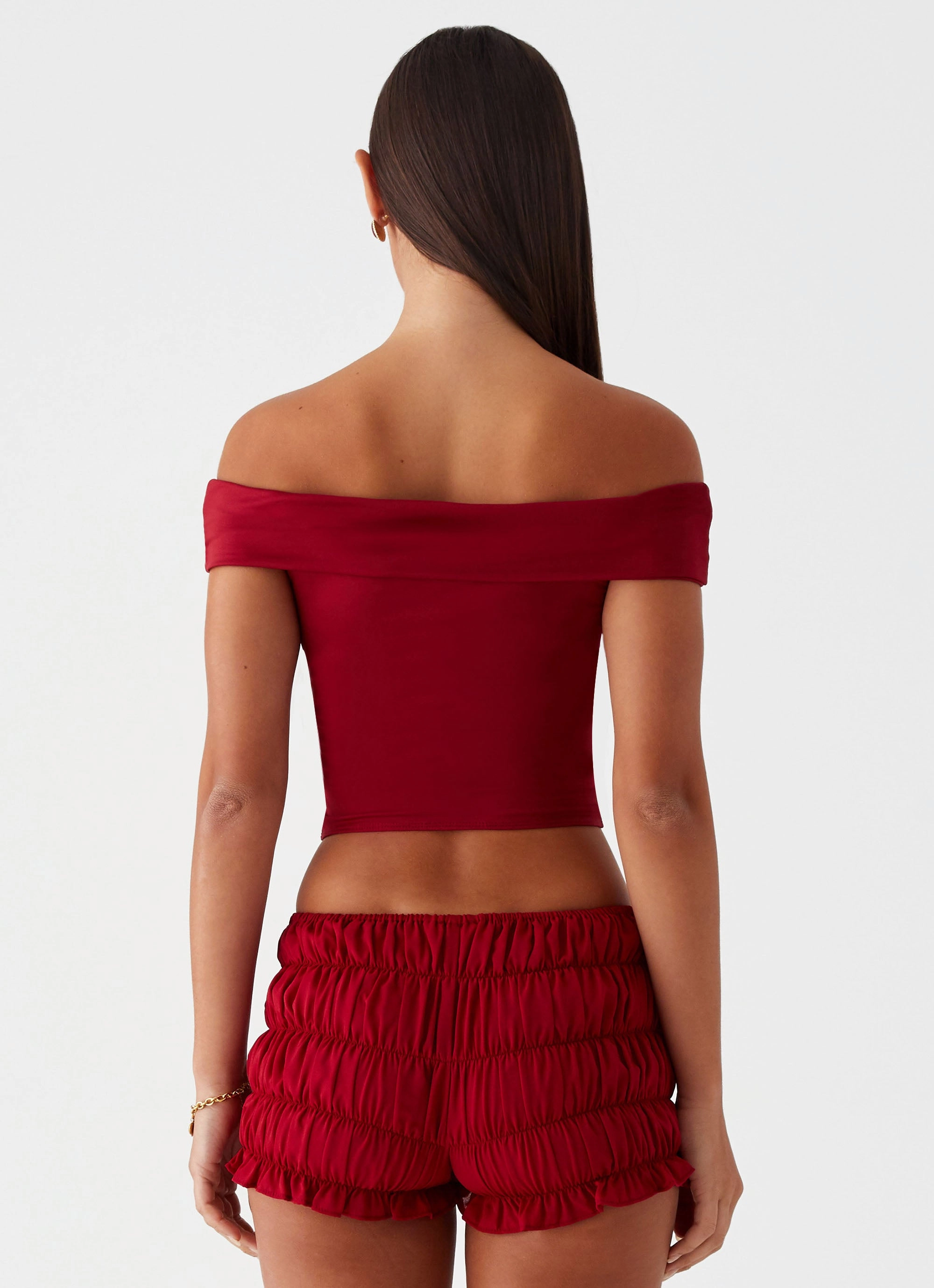 Trixie Twist Off Shoulder Top - Maroon Lightweight Material Layered Collar
