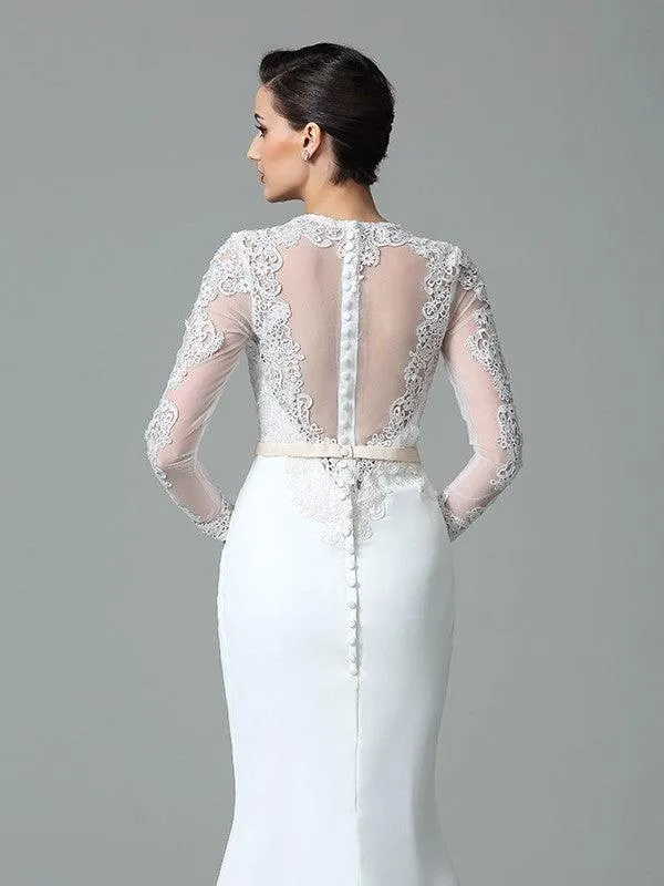 Trumpet/Mermaid Jewel Lace Long Sleeves Long Chiffon Wedding Dresses