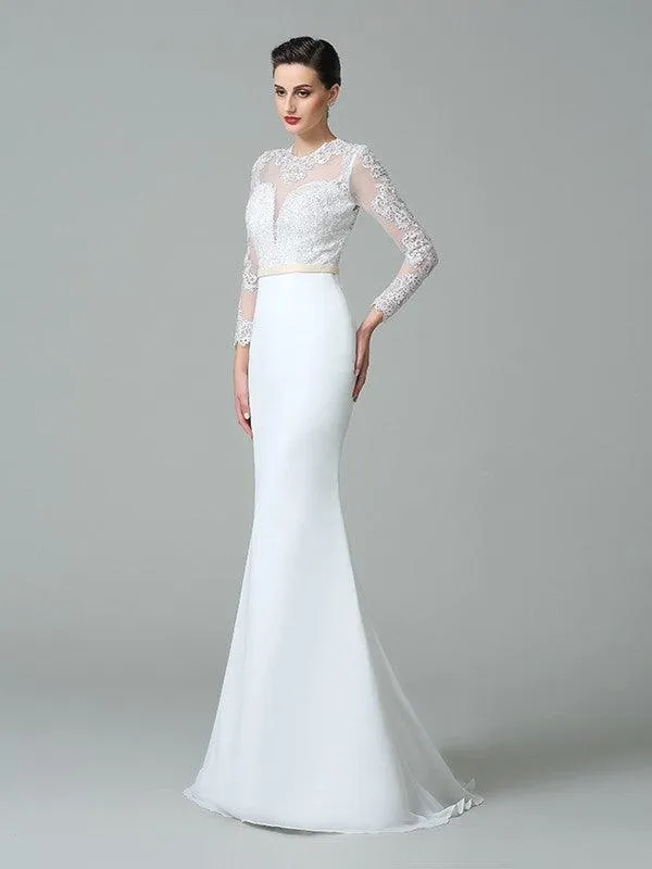 Trumpet/Mermaid Jewel Lace Long Sleeves Long Chiffon Wedding Dresses