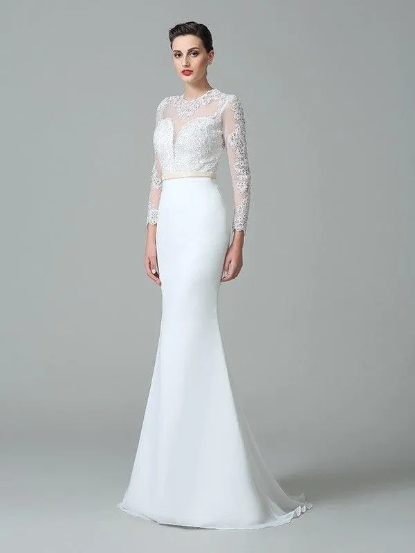 Trumpet/Mermaid Jewel Lace Long Sleeves Long Chiffon Wedding Dresses