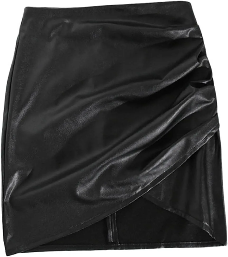 tuduoms Women's Leather Bodycon Mini Skirts Asymmetrical Tulip Hem Ruched Wrap Skirt High Waisted Sexy Short Pencil Skirt