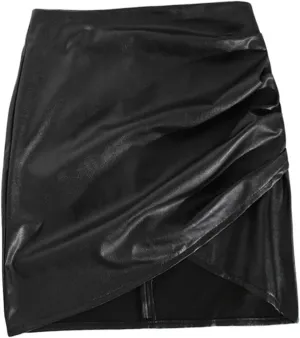 tuduoms Women's Leather Bodycon Mini Skirts Asymmetrical Tulip Hem Ruched Wrap Skirt High Waisted Sexy Short Pencil Skirt
