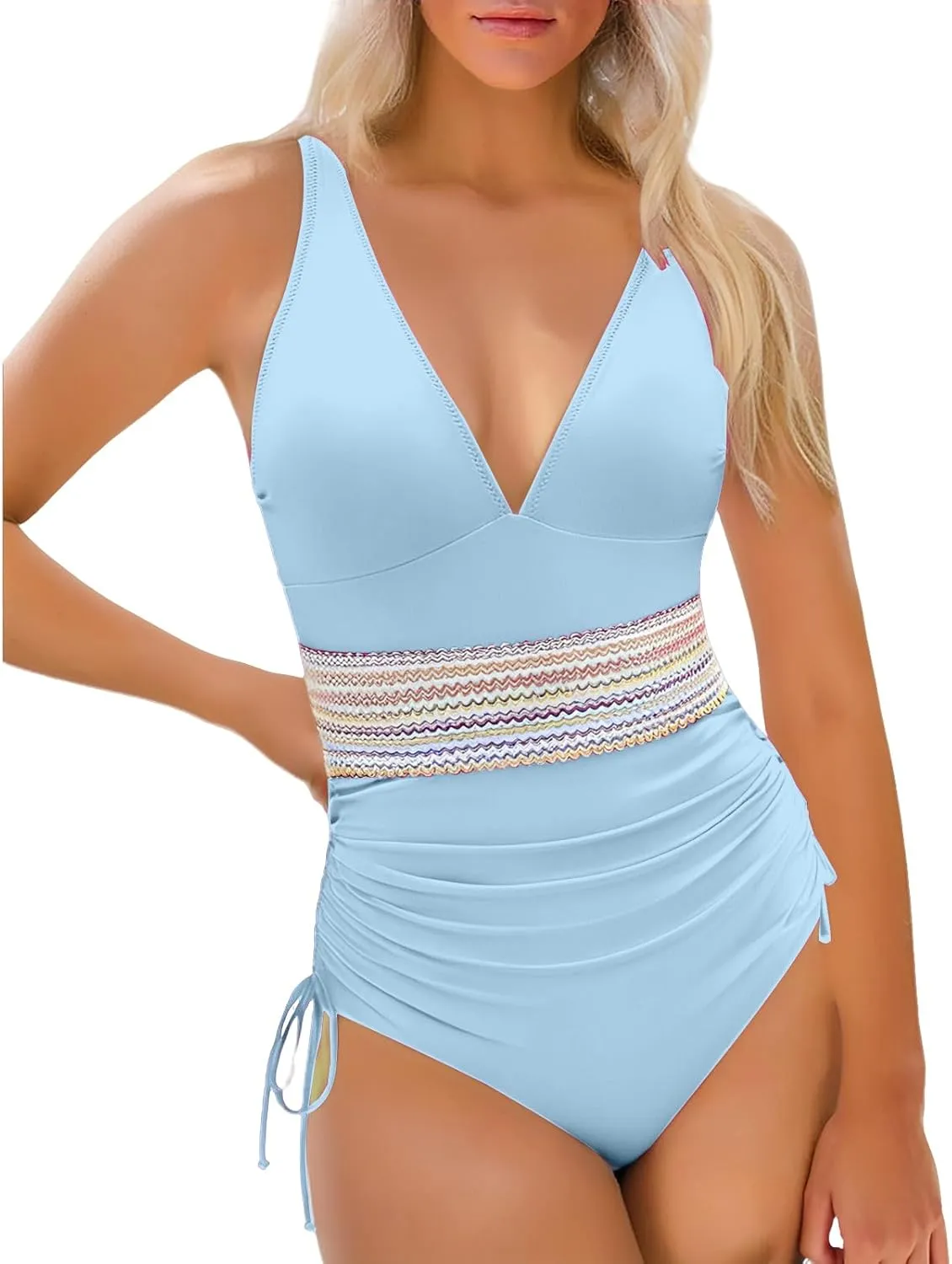 Tummy Control One Piece Swimsuits for Women V Neck Ruched Bathing Suit Color Block Drawstring Swim Suits Swimwear