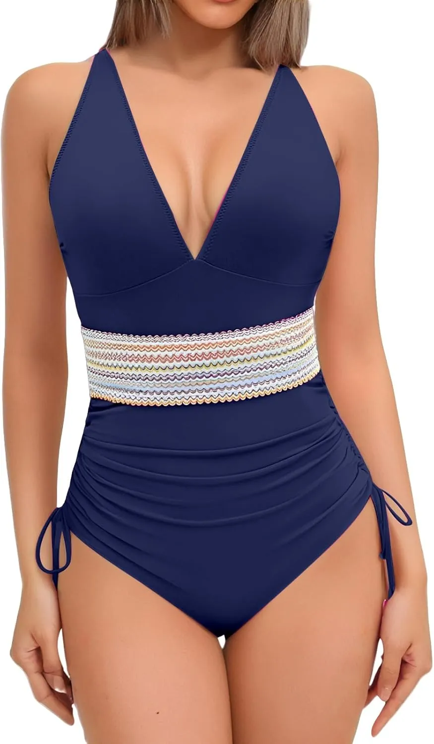Tummy Control One Piece Swimsuits for Women V Neck Ruched Bathing Suit Color Block Drawstring Swim Suits Swimwear