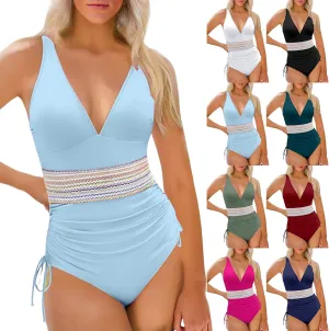 Tummy Control One Piece Swimsuits for Women V Neck Ruched Bathing Suit Color Block Drawstring Swim Suits Swimwear