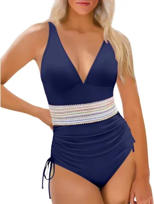 Tummy Control One Piece Swimsuits for Women V Neck Ruched Bathing Suit Color Block Drawstring Swim Suits Swimwear