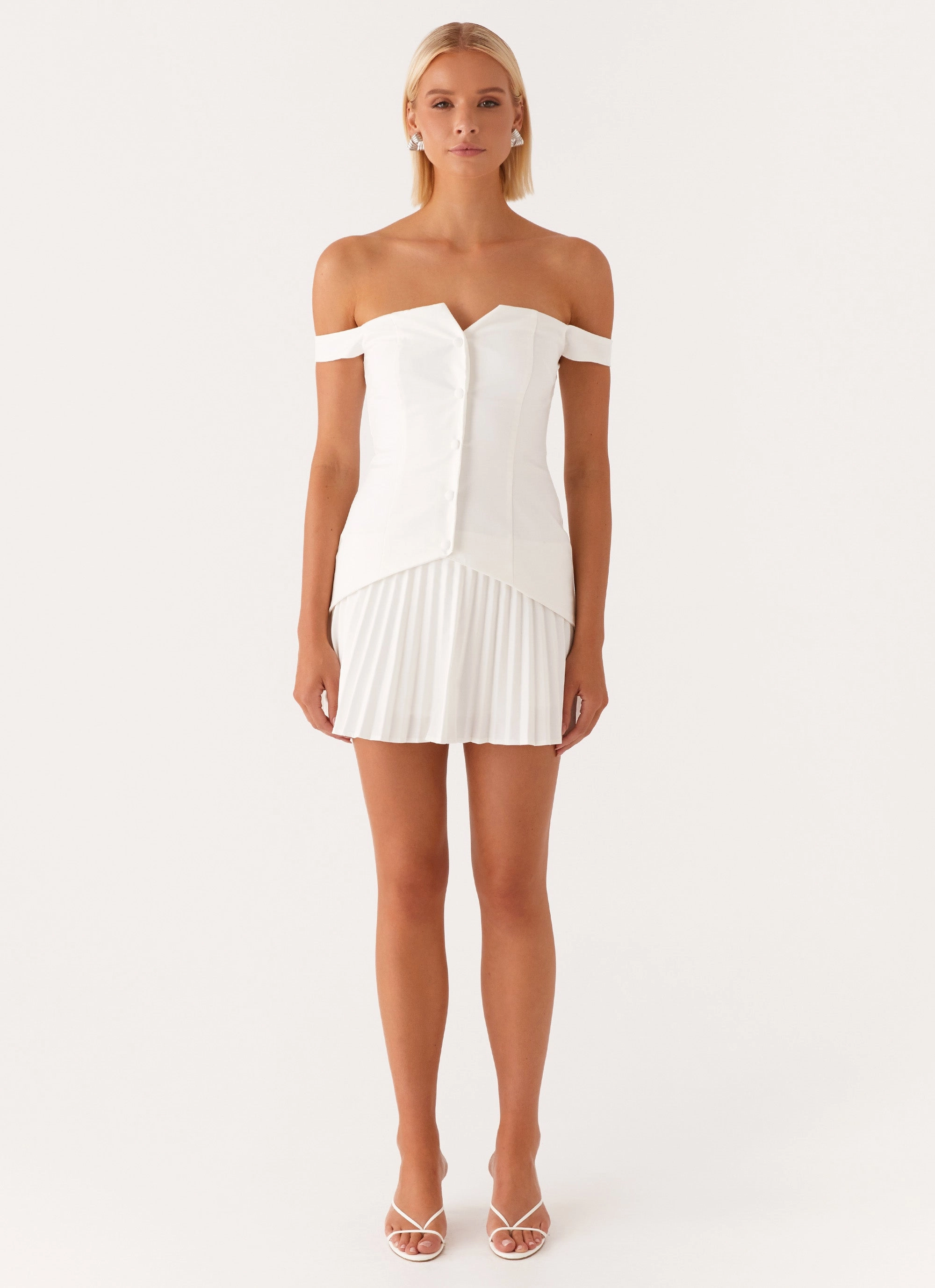 Side Ruching Daily Option Twisted Skies Off Shoulder Mini Dress - Off White