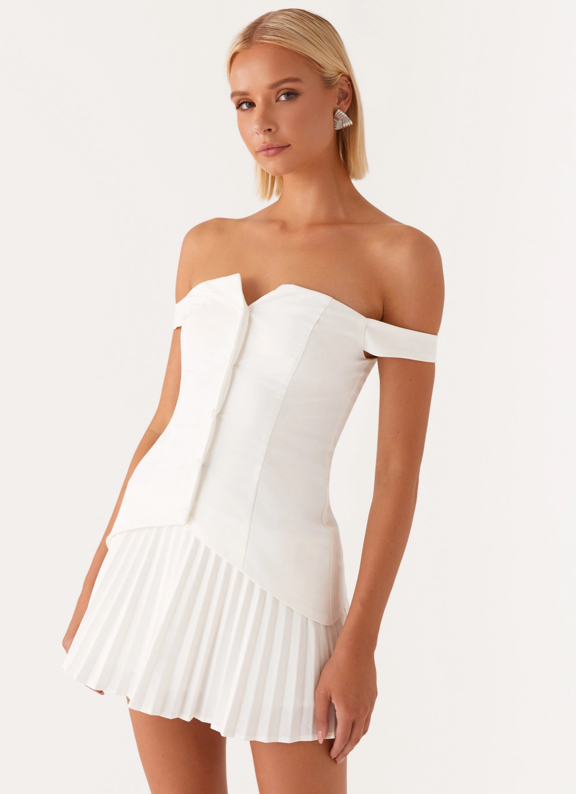 Sleek Flex Twisted Skies Off Shoulder Mini Dress - Off White