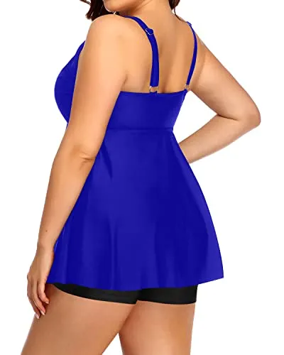 Two Piece Plus Size Tankini Swimsuits Padded Push Up Bra For Ladies-Royal Blue And Black
