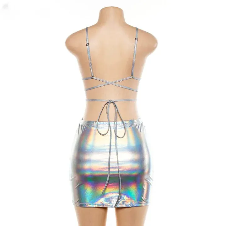 Two-Piece Set Silver Glitter Lace-Up Camisole Skirts