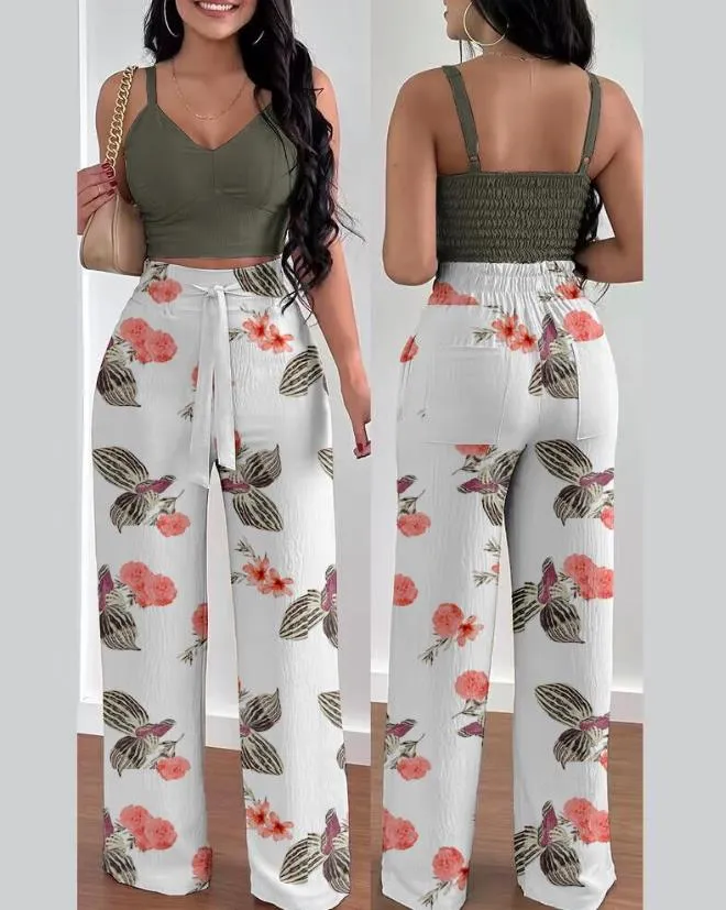 Two Piece Sets Women Outifit 2023 Fashion Tropical Print V-Neck Sleeveless Shirred Crop Top & Casual High Waist Pocket Pants Set