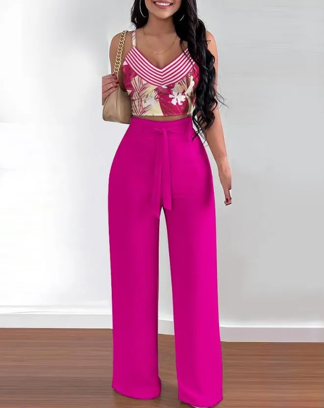 Two Piece Sets Women Outifit 2023 Fashion Tropical Print V-Neck Sleeveless Shirred Crop Top & Casual High Waist Pocket Pants Set