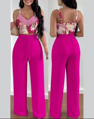 Two Piece Sets Women Outifit 2023 Fashion Tropical Print V-Neck Sleeveless Shirred Crop Top & Casual High Waist Pocket Pants Set