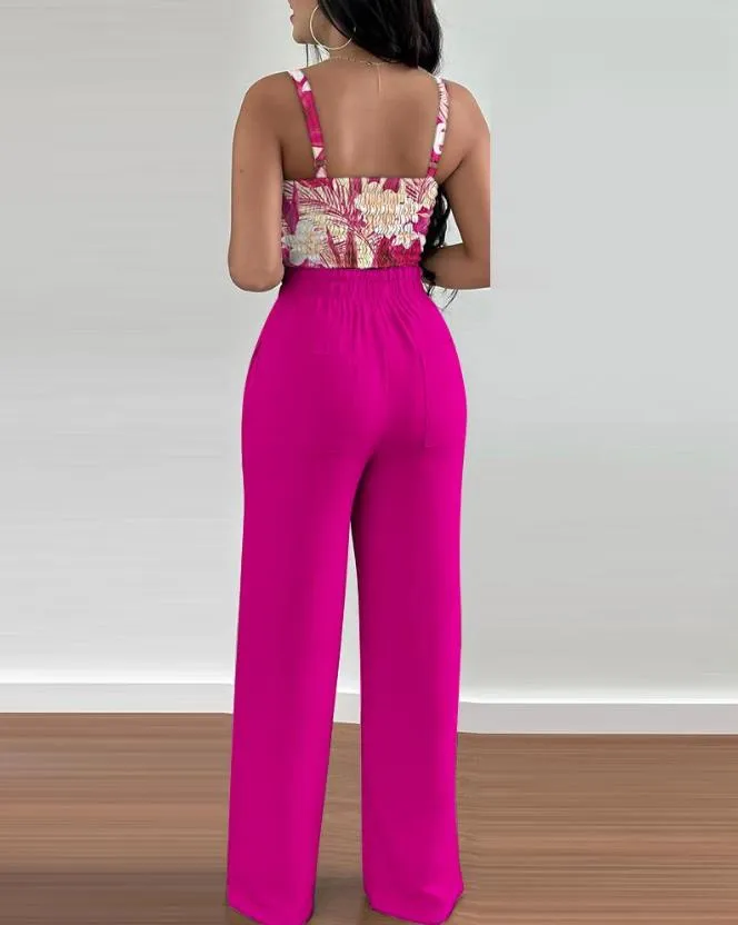 Two Piece Sets Women Outifit 2023 Fashion Tropical Print V-Neck Sleeveless Shirred Crop Top & Casual High Waist Pocket Pants Set