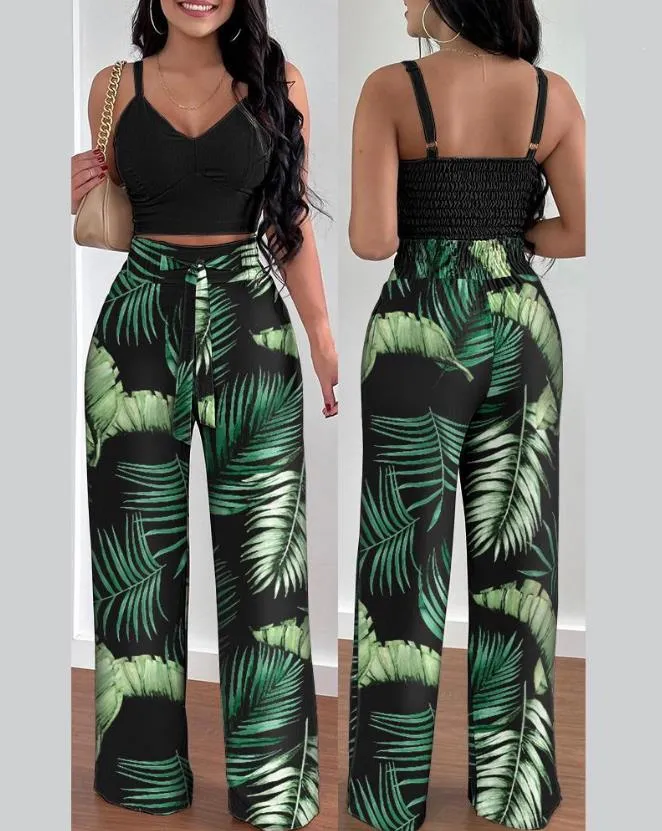 Two Piece Sets Women Outifit 2023 Fashion Tropical Print V-Neck Sleeveless Shirred Crop Top & Casual High Waist Pocket Pants Set