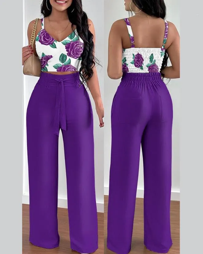 Two Piece Sets Women Outifit 2023 Fashion Tropical Print V-Neck Sleeveless Shirred Crop Top & Casual High Waist Pocket Pants Set