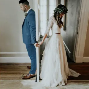 Two Pieces Boho Wedding Dress Long Sleeves 2021 A Line White Ivory Chiffon Lace Princess Beach Bride Wedding Gown