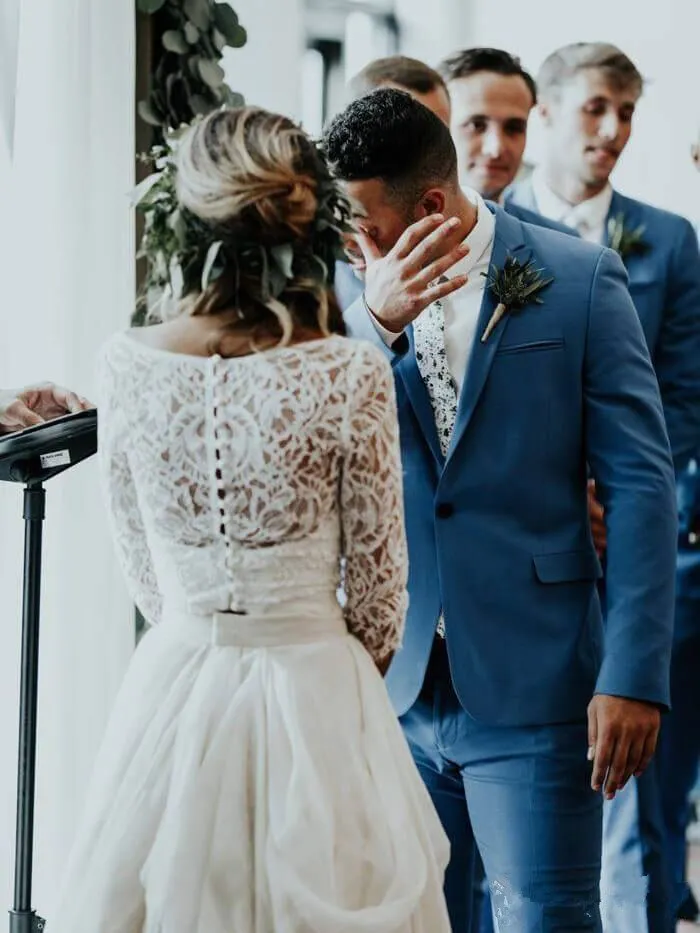 Two Pieces Boho Wedding Dress Long Sleeves 2021 A Line White Ivory Chiffon Lace Princess Beach Bride Wedding Gown