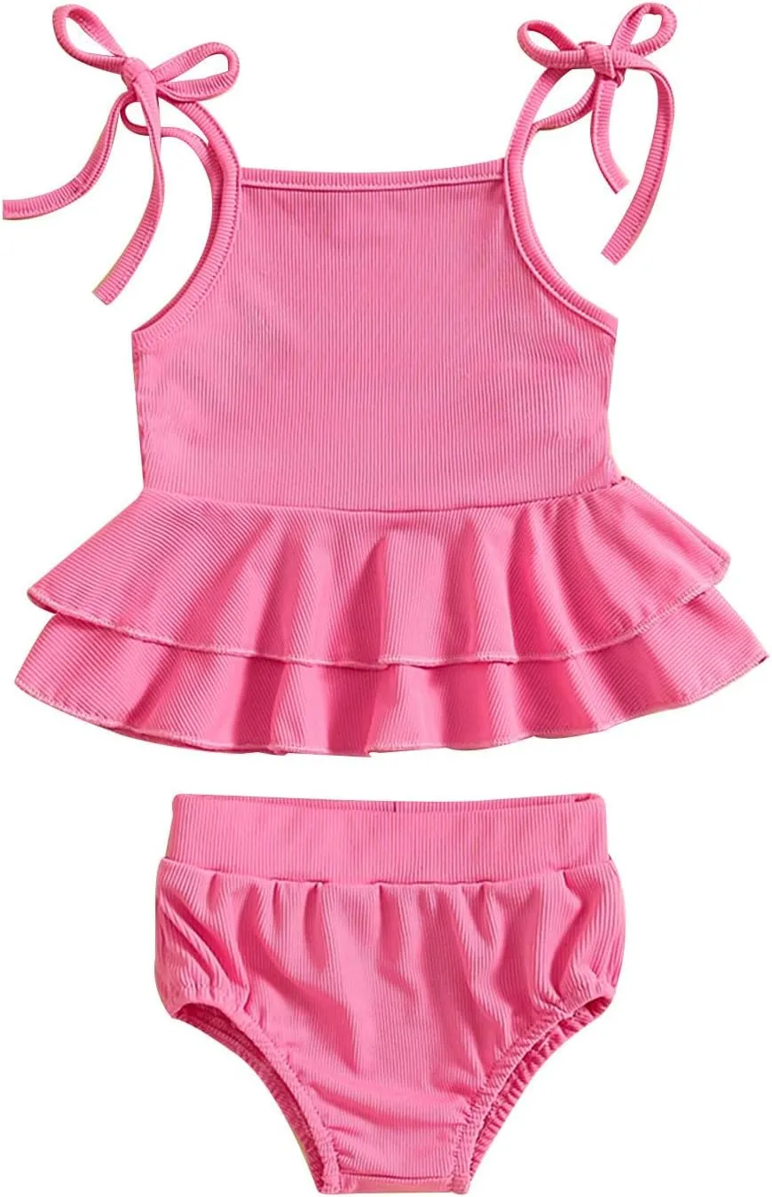 Two Pieces Swimwear for Girls Kids Ruffle Hem Quick Dry Bikini Sets Summer Solid Casual Bathing Suit