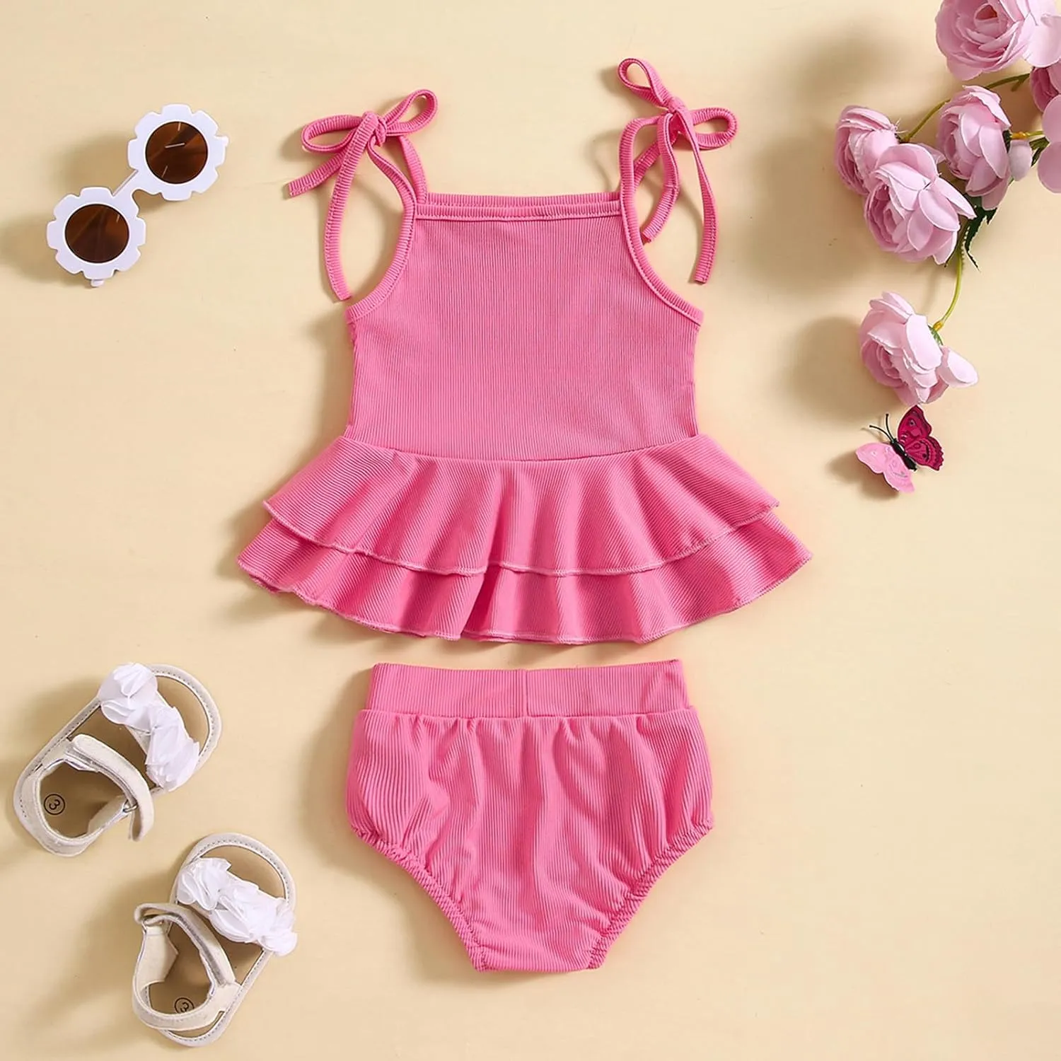 Two Pieces Swimwear for Girls Kids Ruffle Hem Quick Dry Bikini Sets Summer Solid Casual Bathing Suit