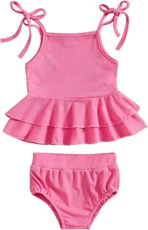Two Pieces Swimwear for Girls Kids Ruffle Hem Quick Dry Bikini Sets Summer Solid Casual Bathing Suit