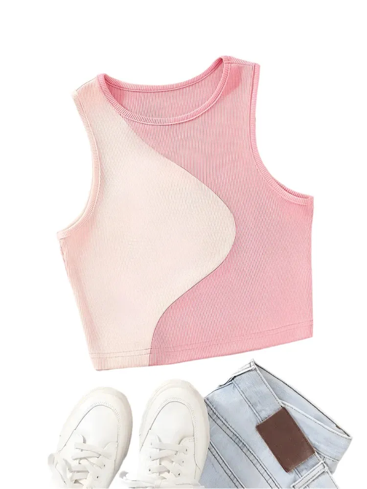 Two Tone Ribbed Knit Tank Tops