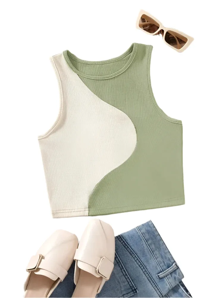 Two Tone Ribbed Knit Tank Tops