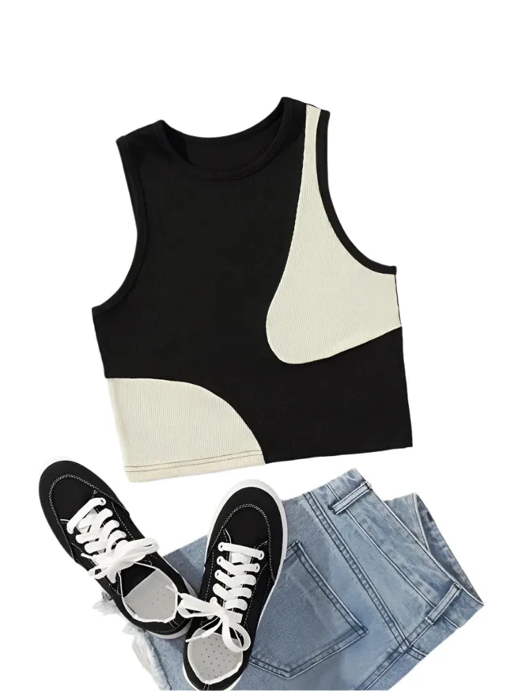 Two Tone Ribbed Knit Tank Tops