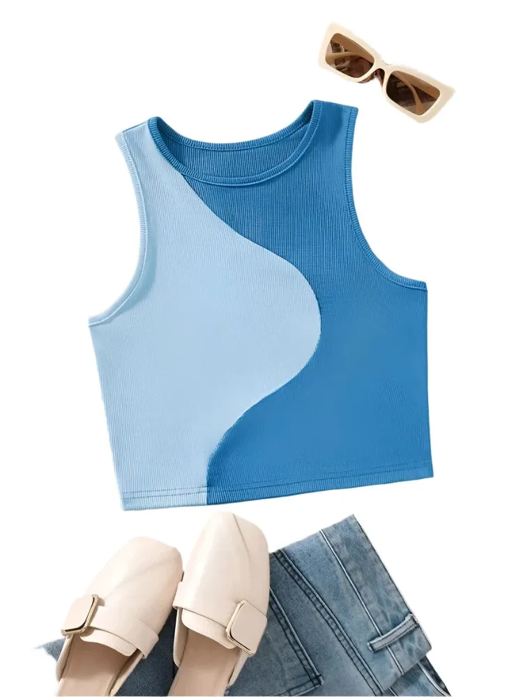 Two Tone Ribbed Knit Tank Tops