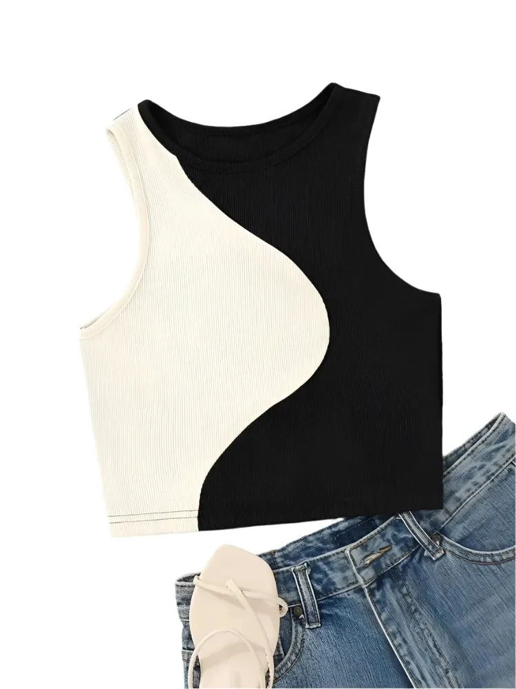 Two Tone Ribbed Knit Tank Tops