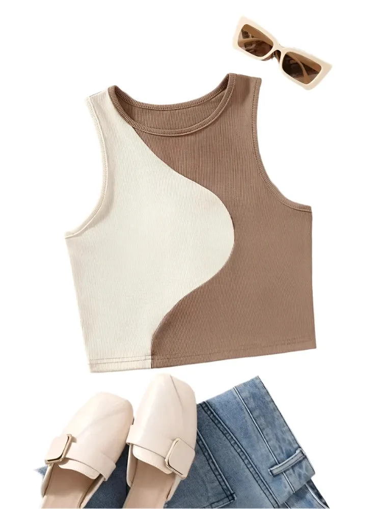 Two Tone Ribbed Knit Tank Tops