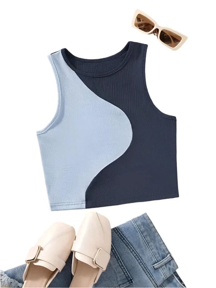 Two Tone Ribbed Knit Tank Tops