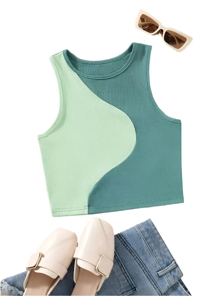 Two Tone Ribbed Knit Tank Tops