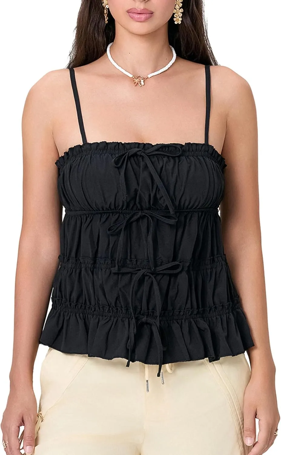 UAURORAO Women Cute Ruched Tube Top Strapless Tiered Smocked Backless Bandeau Top Flared Ruffle Hem Cropped Tank Tops
