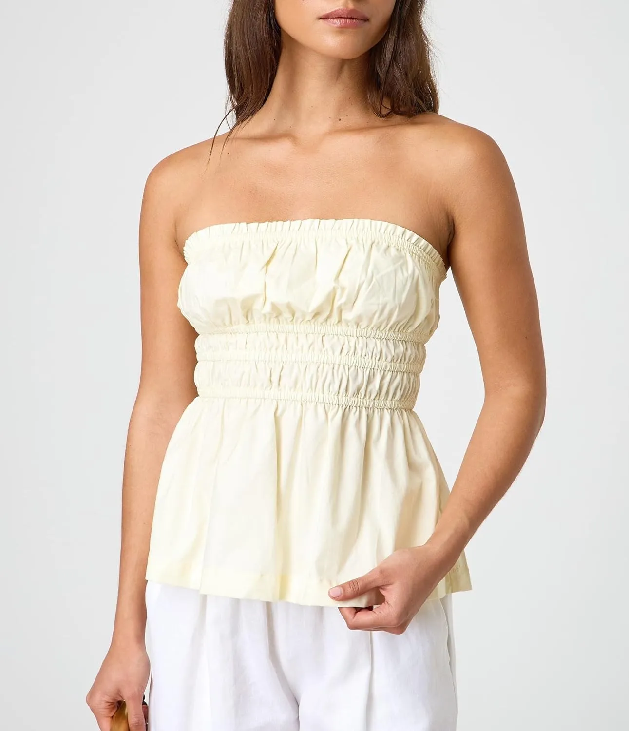 UAURORAO Women Cute Ruched Tube Top Strapless Tiered Smocked Backless Bandeau Top Flared Ruffle Hem Cropped Tank Tops