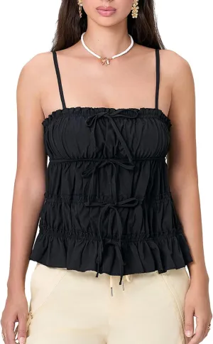 UAURORAO Women Cute Ruched Tube Top Strapless Tiered Smocked Backless Bandeau Top Flared Ruffle Hem Cropped Tank Tops